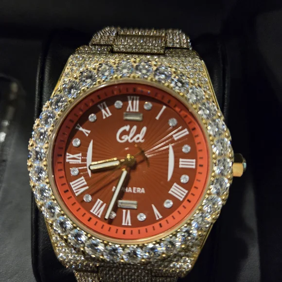 GLD Gold Iced Out 42MM Fully Iced Alpha Era® w/Diamond Prong Link Band /Red Face - Picture 10 of 12
